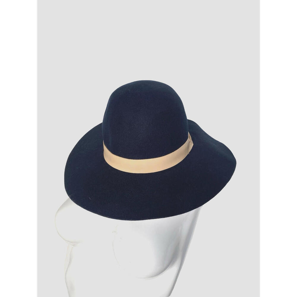 NWT Hat Attack Womens 100% Wool Felt Brimmed Fedora Leather Trim Navy Blue Hat - Picture 5 of 9